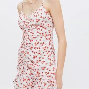 Urban Outfitters Floral Dotted Cinched Ruffle Mini Slip Dress White/Red